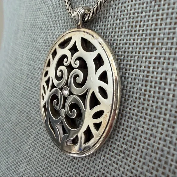 Brighton Contempo Medallion Rhinestone Charm Necklace Oval Silver Plated Scroll